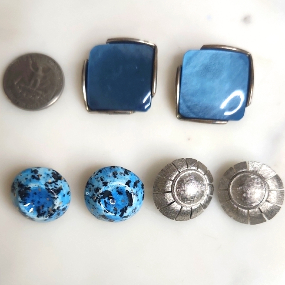Vintage BUNDLE Clip On Silver and Blue Glass & Cermaic  Earrings